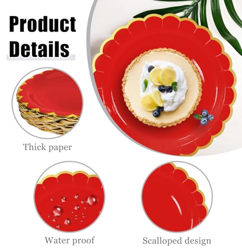 Image of HEIPINIUYE 50 Pieces Red Paper Plates with Gold Foil 7 Inch Disposable Red Scalloped Dinner Plates for Wedding Baby Shower Birthday Party Dessert Plate