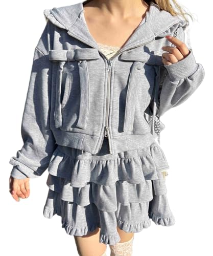 [ウィゴー] PHILLY フリル フード リボン ジップ パーカー スウェット 服 春服 ガーリー カジュアル かわいい トップス ギフト プレゼント 春 秋 冬 レディース F グレー