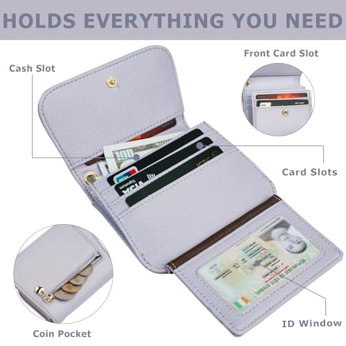 Image of Women Small Wallet RFID Blocking Slim Wallet with Coin Pocket Tri-Fold Credit Card Holder with ID Window and Keychain (Purple)