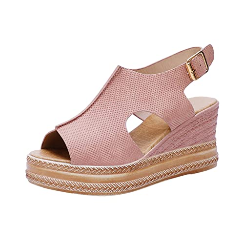 Uwdiohq Sandalias De Tacón Cuña Con Hebilla Y Punta Abierta Cuero Calado Color Sólido A La Para Mujer Senderismo Hombre (Pink, 42) Zapatillas Mayor Tacones Alpargata Blanca Zapatos Señora