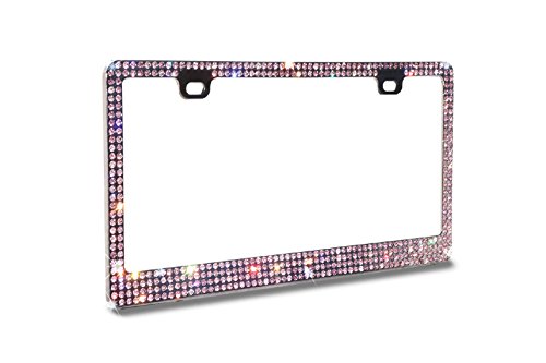 Hight Quality 4 Rows Purple(C-Type Screw Cap) Pub Real Crystal Rhinestone-Black/Smoke Metal Chrome License Plate Frame