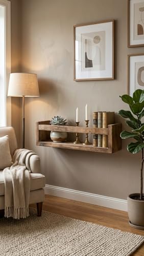Image of Wooden wall Shelves, wall-Mounted Book Shelves for Living Rooms, Kitchens, and bedrooms, Floating wall Shelves, and wall-Mounted displays