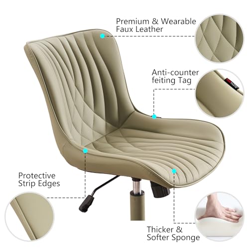 YOUTASTE Deep Green Office Chair Modern Armless Desk Chair with Wheels Adjustable Swivel Rocking Rolling Computer Study Chairs Faux Leather Sewing Chairs with Back Stylish Vanity Chair