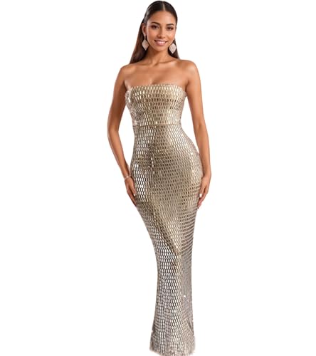 Image of Jigfar Women's Sexy Elegant Rhinestone Off Shoulder Split Bodycon Formal Maxi Dress(F6962,Beige,3XL)