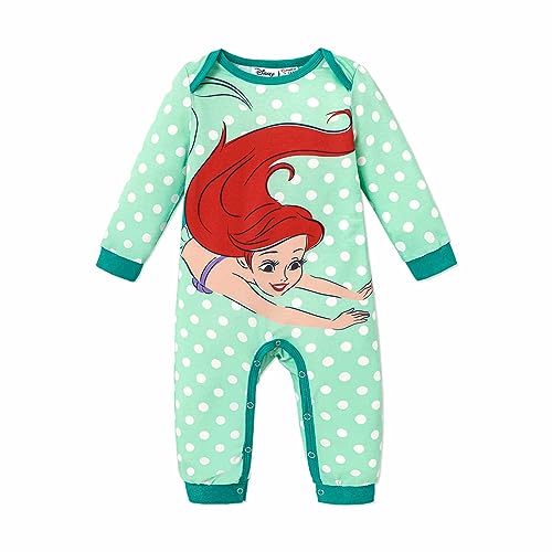 Image of Disney Princess Little Mermaid Baby Infant Girl Character Polka Dots Print Long Sleeves Jumpsuit Bodysuit Romper, Green, 0-3 Months