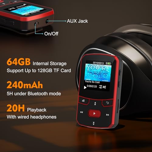 Image of RUIZU 64GB Clip MP3 Player with Bluetooth 5.3, Portable Music Player with Voice Recorder for Sports Running, FM Radio, A-B Repeat, Audio Shuffle Resume Playback, Support 128GB Micro SD Card, Red