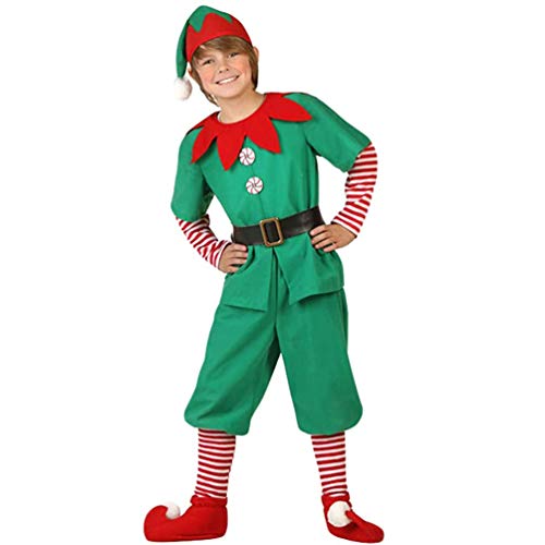 IFIKK Costume de Père Noël Vert Costume de Lutin de Noël Enfant Cosplay Vêtement Parent-Enfant Déguisement Adulte Homme Femme Fille Elfe de Noël Costume Le Carnaval et Le Cosplay Cover