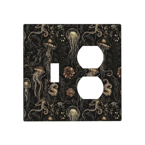 Decorative Outlet Covers Black Gold Jellyfish Squid Deep Sea Creatures 2 Gang Outlet Cover Wall Plate Single Toggle Duplex Light Switch Cover Plate Switch Plate Covers for Home Decor