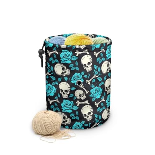 Image of Sellikakes Skull Rose Small Yarn Storage Bag with Drawstring, Mini Knitting Yarn Holder Stores Skein Ball, Crochet Project Knitting Supplies