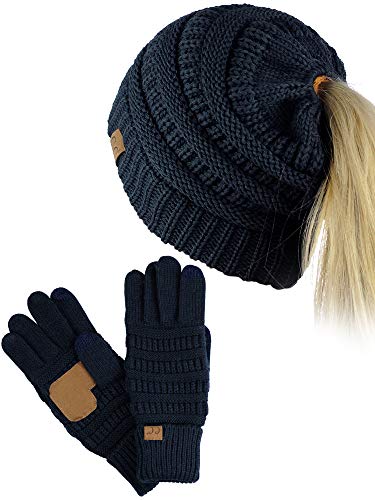 C.C BeanieTail Messy High Bun Cable Knit Beanie and Anti-Slip