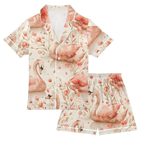 ALAZA Watercolor Cute Swan Satin Pajamas Set Short Sleeve Button Down Sleepwear Summer Pjs 2 Piece