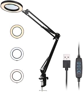 Magnifying Glass with Light, 10X 3 Color LED Dimmable Desk magnifier Lamp Desktop Clip-On Magnifier Loupe for Hobbies Repair Crafts Work
