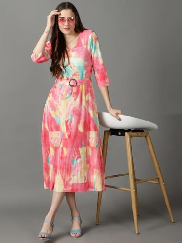 Image of SHOWOFFFF Women Colourblocked Fit and Flare Casual Dress | Round Neck 3 /4th Sleeves Cotton Dress for Womens | Midi Dress for Women's