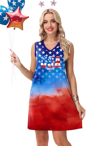 Image of Deerose Womens July 4th Sleeveless Dress American Flag Swim Cover Up Dress with Pockets