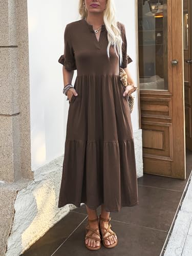 Image of Mieazom Short Sleeves Maxi Dress for Women A Line Summer Dress V Neck Casual Loose Tiered Long Dresses with Pockets
