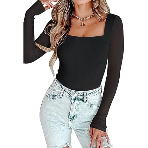 PINKMSTYLE Womens Mesh Square Neck Bodysuit Long Sleeve Shirts Shapewear Corset Top Sexy Country Concert Outfits Black Large Cover