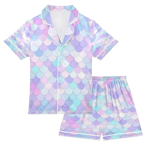 ALAZA Rainbow Scales Mermaid Satin Pajamas Set Short Sleeve Button Down Sleepwear Summer Pjs 2 Piece
