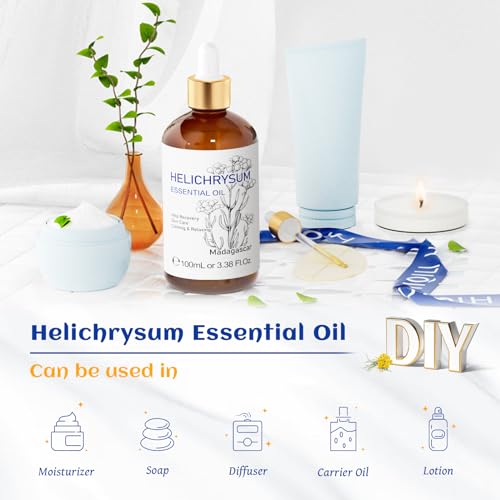 Image of HIQILI Helichrysum Essential Oil for Skin Nourish, Undiluted & Natural, Relieve Fatigue in Body Massage, Reduce Fine Line and Wrinkle, Aromatherapy Diffuser, DIY Floral Scented Gift -100ML