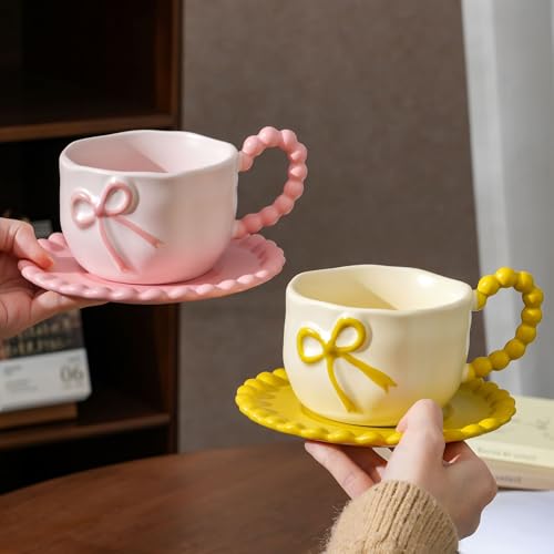 Taza de café con moño rosa Disoza 12 oz porcelana miniatura 5