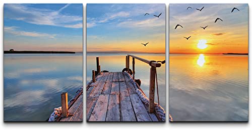 NWT Wall Art Print Set Pier Extends into Sunset Sea Horizon Nature Ocean Photography Modern Art Nautical Landscape Colorful Ultra for Living Room, Bedroom, Office - 16"x24" x 3
