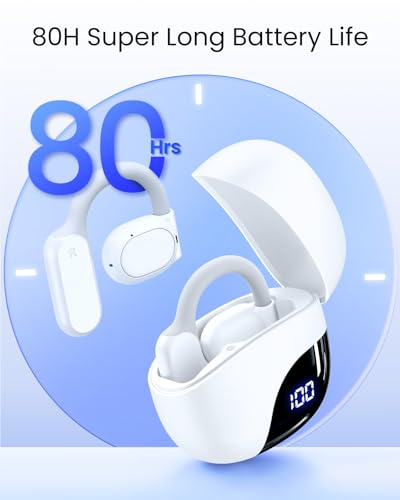 TAGRY Open Ear Headphones Bluetooth Ear buds 80Hrs Playtime Wireless Earbuds with Earhooks IPX7 Waterproof Touch Control Air Conduction Sport Headsets Bluetooth 5.3 Earphones for Workout Running White - Image 3