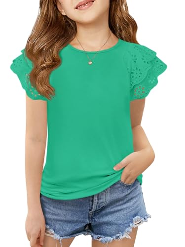 Recopilación de Camisetas de manga corta para Niña los más solicitados. 42 Haloumoning - Camisetas de manga corta con volantes para niñas, de verano de manga corta, estilo casual, lindo, cuello redondo, camisetas de 5 a 14 años, Verde, 9-10 Años