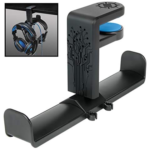 ENHANCE PC Gaming Dual Headphone Holder - Clip-On Desk Headphone Hanger Holder with Adjustable 360 Rotation, Under Desk Headset Clamp, Universal Fit, & Double Cable Loops Organizer with Silicone Pads Cover