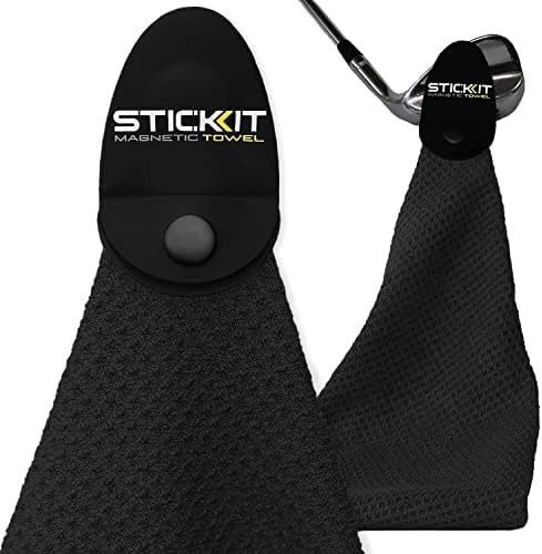 STICKIT Magnetic Golf Towel, Black | Top-Tier Microfiber Golf Towel with Deep Waffle Pockets | Industrial Strength Magnet for Strong Hold to Golf Carts or Clubs