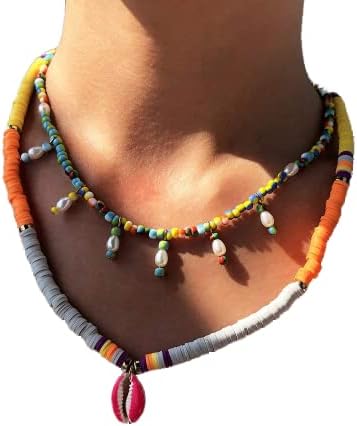 Wiwpar Boho Heishi Choker Layered Necklaces Colorful Beads Chain Necklace Shell Pendant Beach Neck Chain Accessories for Women and Girls