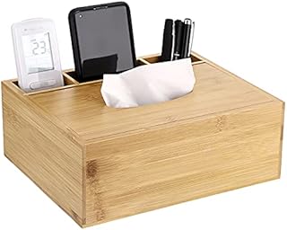 BSTKEY Bamboo Tissue Box Retro Paper Box Holder, Rectangular Paper Container with 3 Slot Stationery Remote Control Box Organizer
