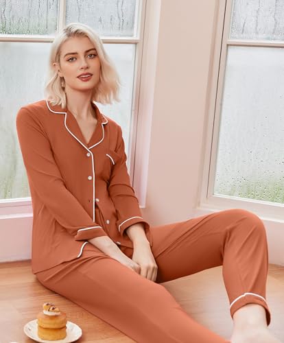 Image of Ekouaer Pajamas Women's Long Sleeve Sleepwear Soft Button Down Loungewear Pjs Lounge Set Nightwear XS-XXL