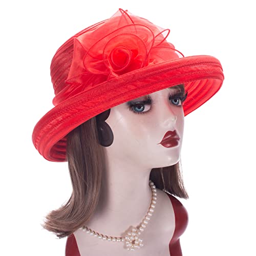Pure Color 1920S Womens Summer Organza Bowler Sun Hat Derby Tea Party A267 (Red) #TOP6