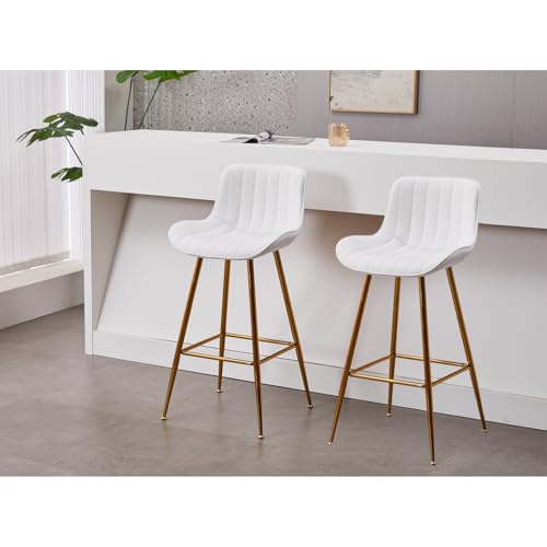 Image of Sidanli Velvet Bar Stools with Gold Legs, Set of 2 Counter Height Stools for Kitchen Island, 29 Inch Modern Barstools with Swivel Leveling Feet, White