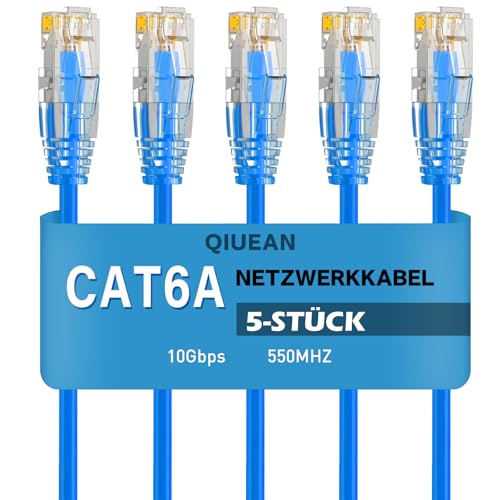 Qiuean Lot de 5 câbles LAN Cat6a 0,2 m - Câble réseau 10 Gbps 550 MHz - 28 AWG - En cuivre pur - Pour panneau de brassage et armoire réseau