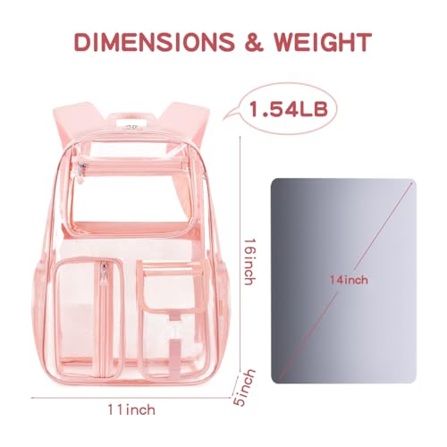Image of Pink Clear Backpack Heavy Duty For Stadiums Events,16in TPU Girls BookBag | Large capacity See Through Plastic backpack Stitch Durable Design 6-Pocket For School Girl Adults work Airport Quick Security