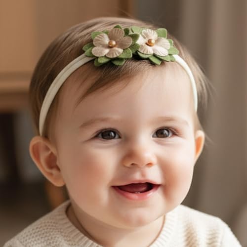 Image of SYGA 3 Pack Baby Girl Headbands - Soft Stretchable Nylon Flower Comfortable Elastic Hairbands for Newborns, Infants & Toddlers 0-3 Years (Off-White)