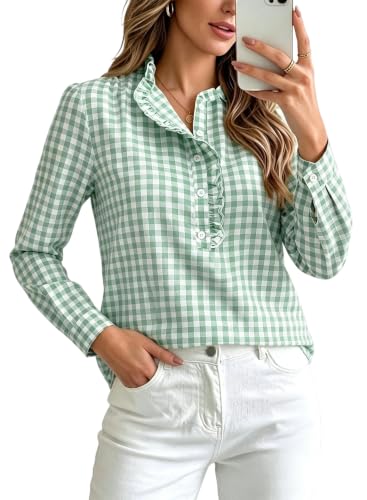 Halife Womens Loose Puff Sleeve Tops Ruffle Collared Vneck Gingham Shirt - image 1