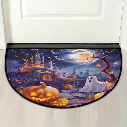 Image of cfpolar Half Round Door Mat Halloween Pumpkin bat Ghosts Non-Slip Semi Circle Area Rug Washable Half Moon Hearth Rugs for Indoor Outdoor Bathroom Kitchen Patio Runner Mat Laundry Room Home Decoration