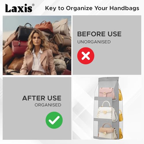 Image of LAXIS 3 Pockets Handbag Organizer for Closet, Purse Organizer Hanging Closet, Bag Organizer Purse Organizer, Handbag Organizer for Wardrobe, Hanging Bag Storage Organizer Holder (Grey)