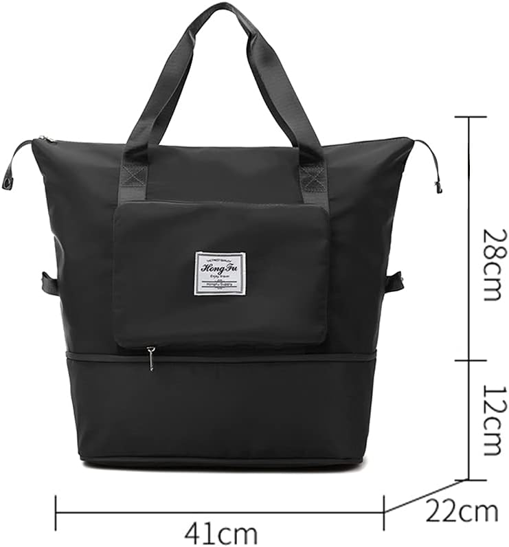 Large Capacity Folding Travel Bag, Portable Foldable Travel Lightweight Waterproof Oxford Fabric Bag, Dry and Wet Separation Sports Portable Shoulder Bag Suitable for Flying and Traveling (Dark black)