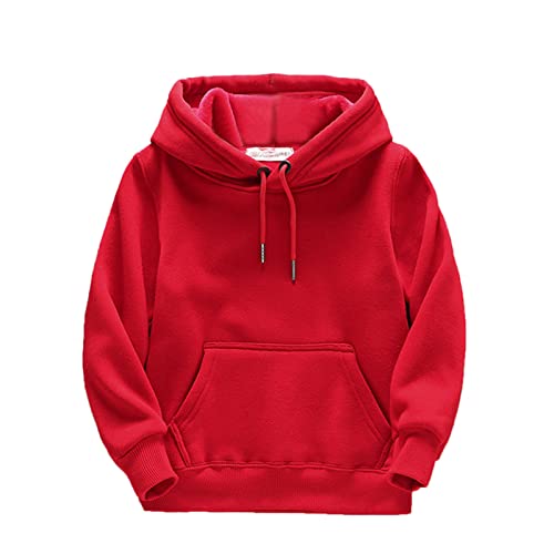 Kids Hooded Pullover Shirt Boys Girls Solid Long Sleeve Thickened Sweatshirt Warm Loose Sweaters with (Red, 8-10 Years)