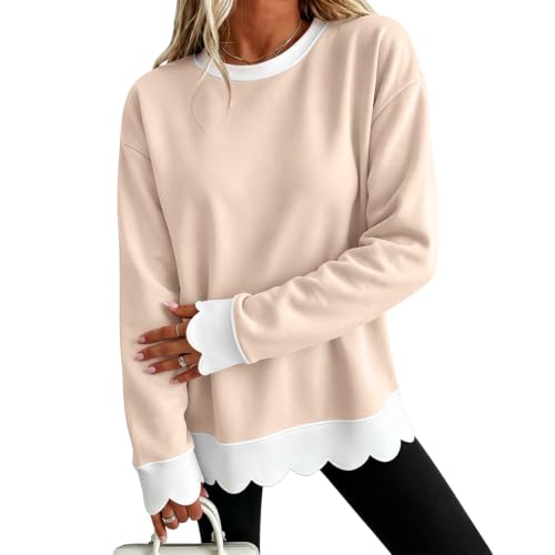 Lightweight Sweatshirts for Women Cotton Scalloped Hem Cozy Pullover Tops - image 1