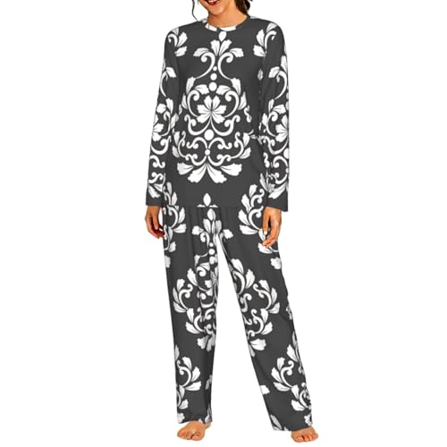 Pyjama damassé femme ensemble fluide à manches longues et pantalon élastique confortable