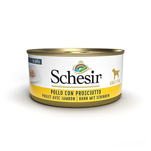 Schesir, Comida húmeda para Perros Adultos, Sabor Pollo con jamón en gelatina Blanda - Total 2,7 kg (18 latas x 150 gr)
