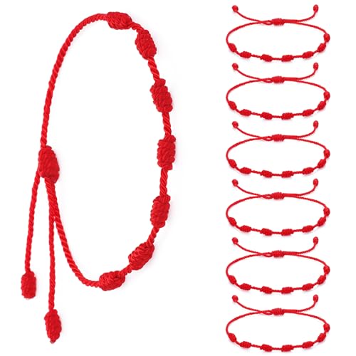 Lusofie 6 pulseras de cuerda roja hechas a mano, pulsera roja de 7 nudos para mujer, pulseras de cordón ajustable para protección, pulseras de buena suerte, regalo para mujeres, hombres y niñas