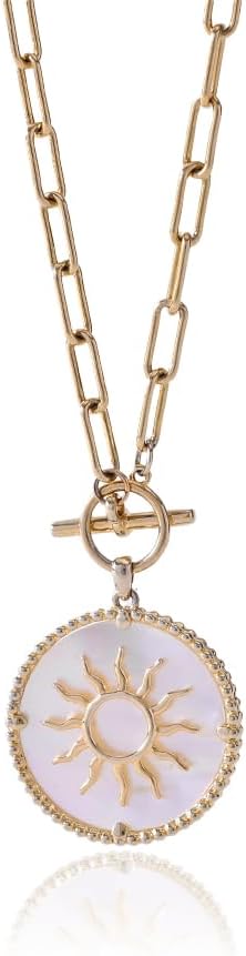 Imohen&Sam Chunky Sun Necklace for Women,14K Gold Plated Mother of Pearl Circle Coins Pendant,Toggle Clasp Paperclip Chain Fashion Non Tarnish Statement Jewelry Gifts