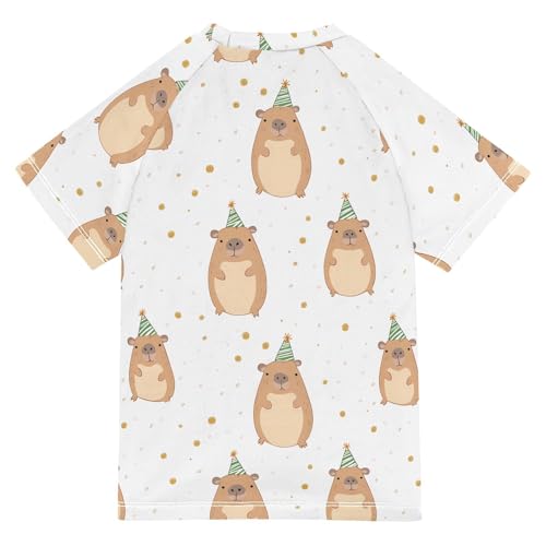 ALAZA Kids Rash Guard Girls Boys Toddler Swim Shirts Short Sleeve Birthday Hat Capybara UPF 50+ 3T2