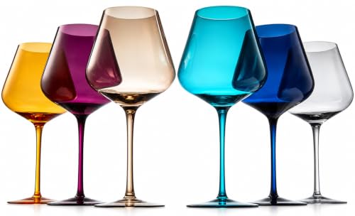 Jewel Colored Crystal Wine Glass Set of 6, Gift For Mothers, Her, Wife, Friend - Winter & Fall Colors 20 oz Glasses, Italian Style Tall Drinkware Red & White, Dinner, Color Beautiful Glassware