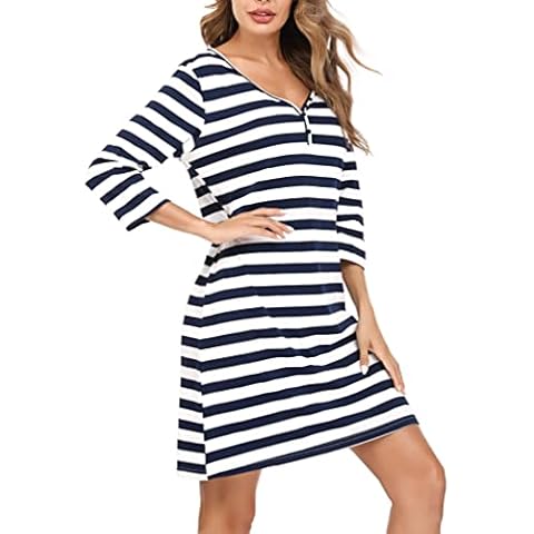 Bresdk 3/4 Ärmel Nachthemd Damen Baumwolle Sleepshirt mit Knöpfe Streifen V-Ausschnitt Nachtwäsche Slim Sleepwear Cover