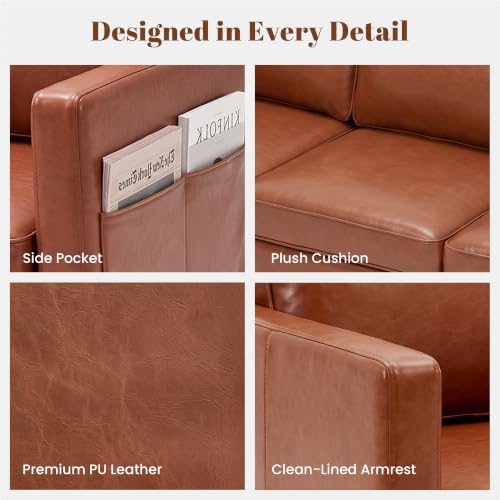 Image of 80 inch Faux Leather Sofa Mid Century Modern 3 Seater Couch for Living Room | Removable Seat & Backrest Covers, Side Storage Pocket, Wood Legs, Office, Apartment, Bedroom
